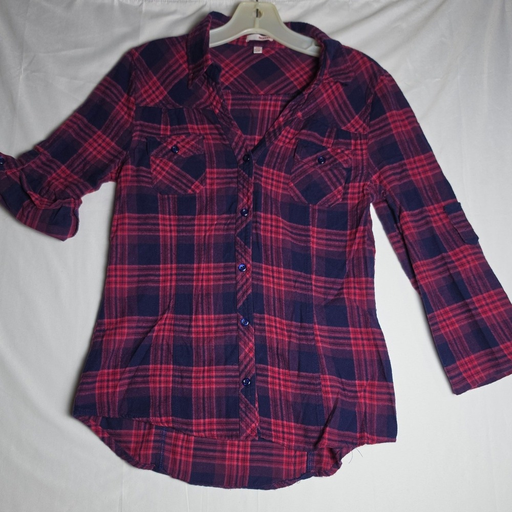 Bongo Womens Plaid Flannel Button Down Shirt Purple Red 100% Cotton Large H2